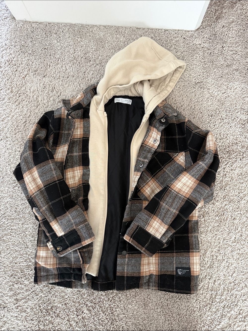 Zara Plaid Hooded Shacket - Black, Tan & Cream